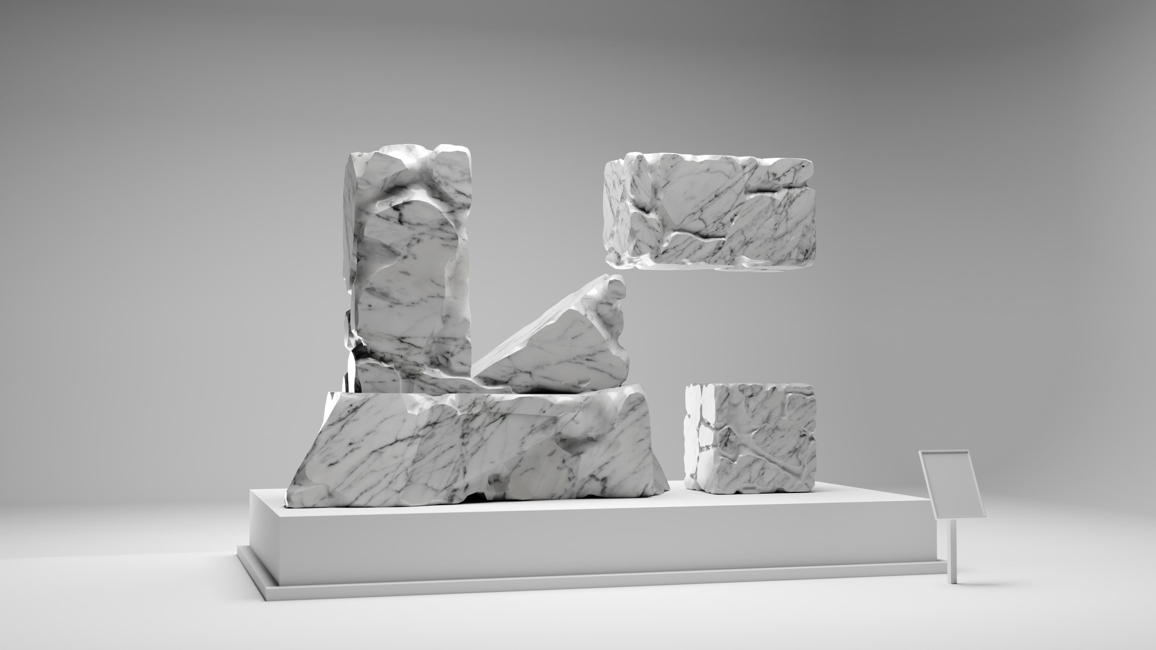 Stylized KE logo in a marble sculpture design