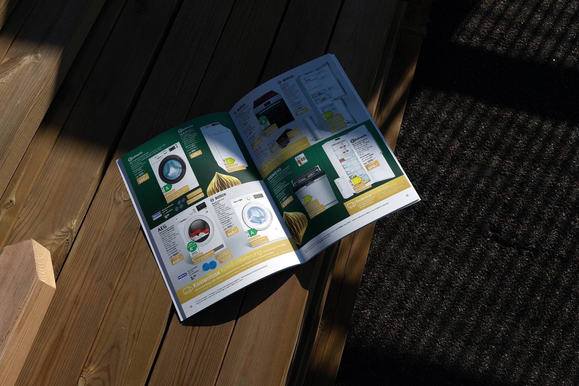 An open Galeria brochure lies on a wooden table