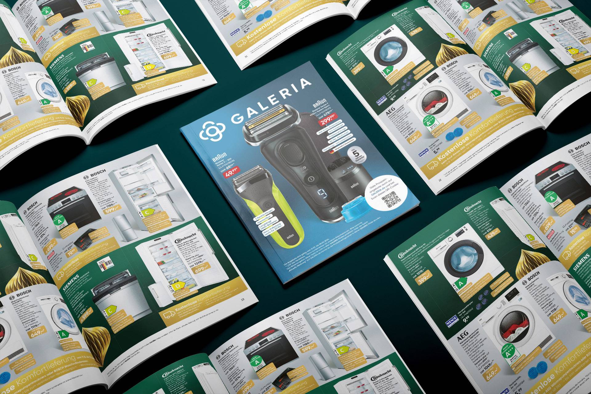Several Galeria brochures are lying open next to each other