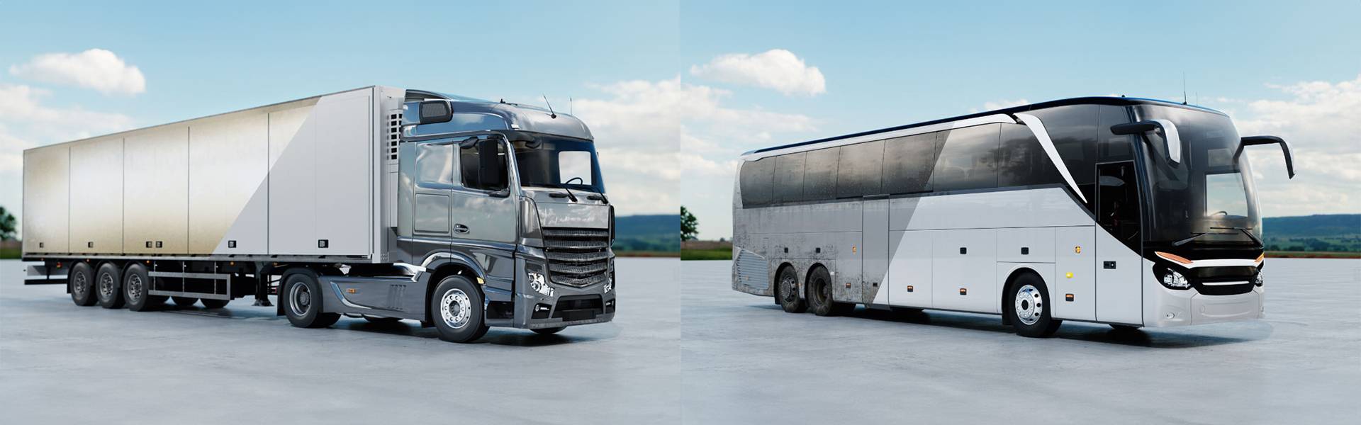 Before-and-after photos of dirty trucks and buses