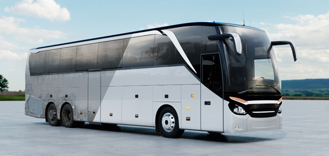 Before-and-after photo of a dirty tour bus