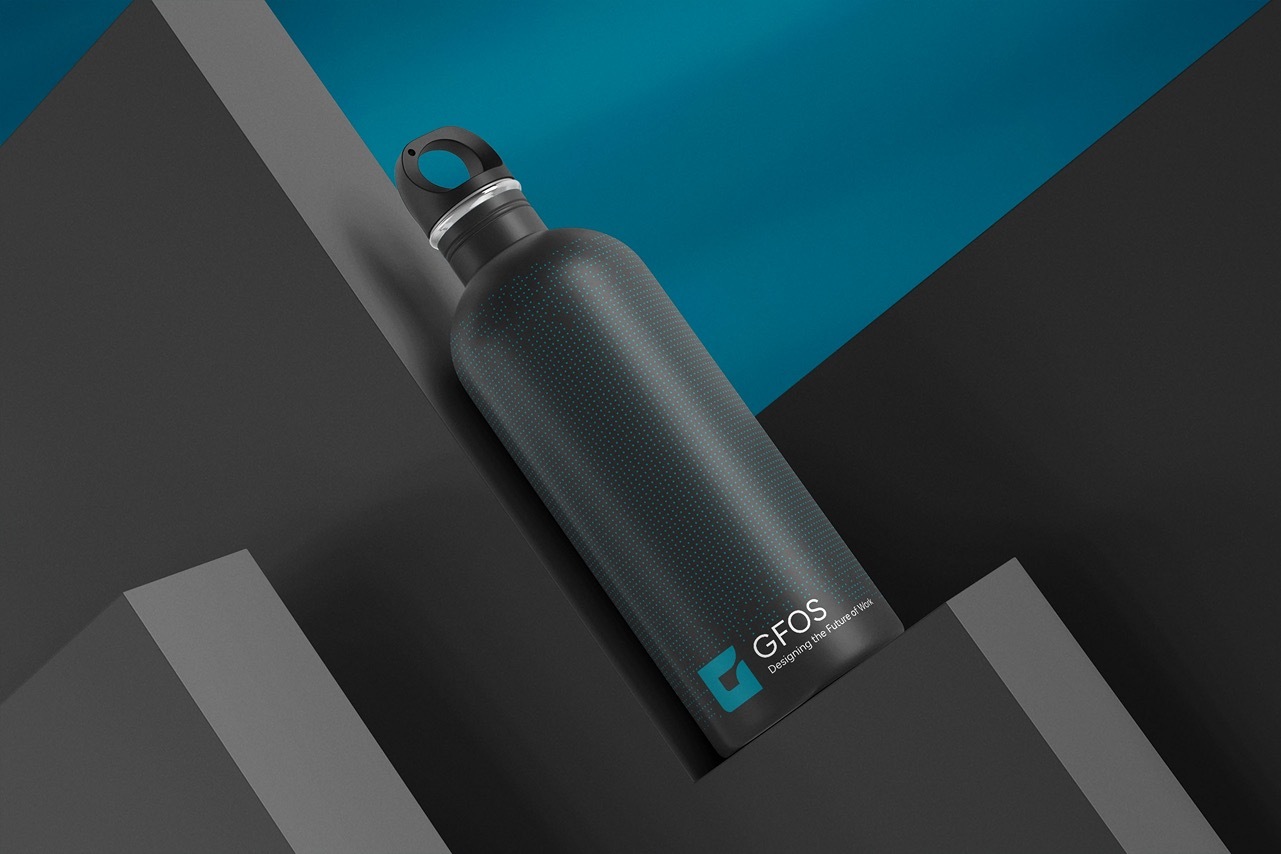 Black water bottle featuring the new GFOS logo and design