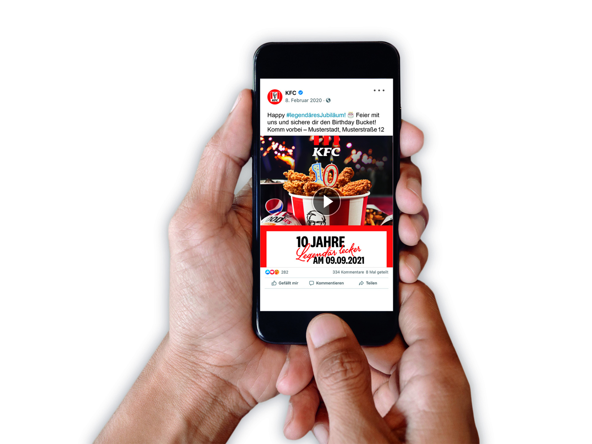 Social media mockup for KFC's anniversary, on a cell phone screen