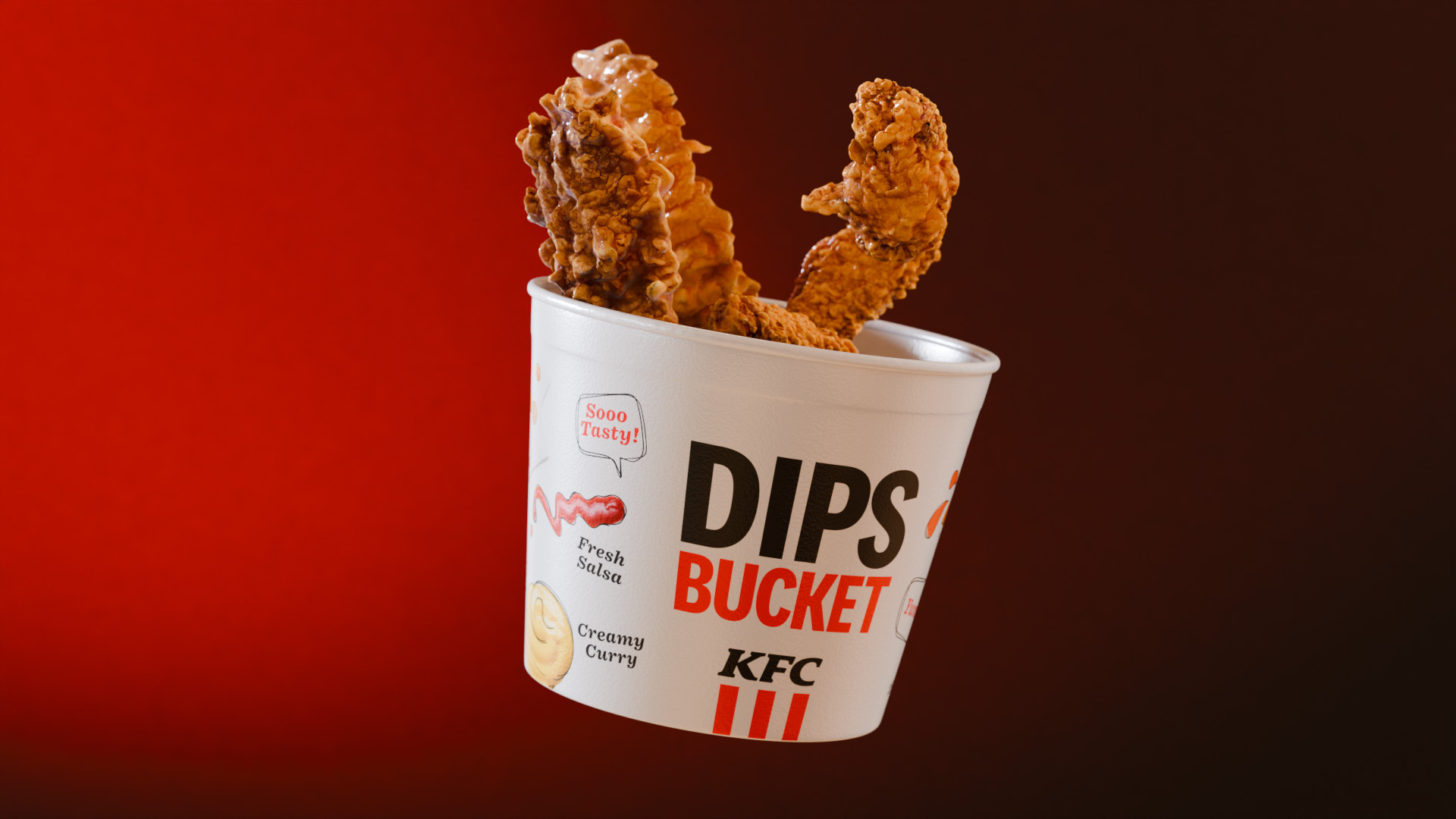 Crispy KFC Chicken Tenders in a white dip bucket