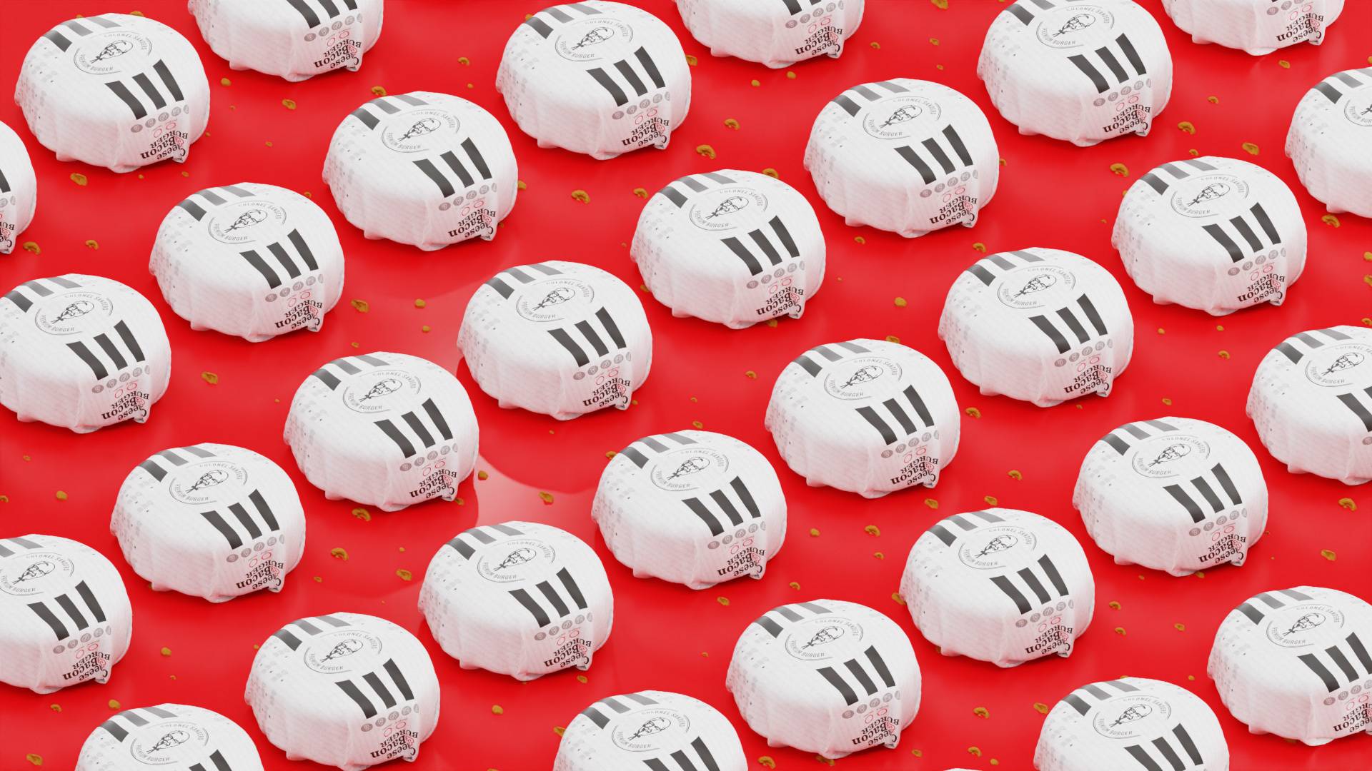 Dozens of KFC burgers in white packaging, on a red surface